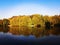 Autumn trees in beautiful colors and blue lake and sky