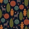Autumn trees and deer seamless pattern on dark background.