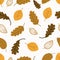 Autumn trees pattern. Leaf fall seamless background. Stylized leaves of oak, beech, birches