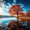 Autumn Trees reflected in blue lake in Fall