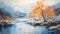 Autumn Trees By The River: Serene And Colorful Ink Wash Painting