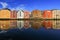 Autumn in Trondheim, view of the river Nidelva and historical timber buildings