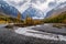 Autumn Valley of the Aktru River, at the foot of the glaciers of the North Chuysky Range