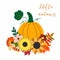 Autumn vector orange pumpkin with seasonal flowers, dry leaves, isolated on white background. Thanksgiving day design