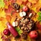 Autumn vegan and vegetarian food concept. Apples, pomegranate, nuts, spices, bottle of red drink - smoothie or juice over colorful