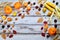 Autumn vegetable and fruit wood background.