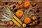 Autumn vegetable and fruit wood background