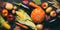 Autumn vegetables on a black stone background, banner. Thanksgiving Day. Top view, flat lay