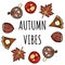 Autumn vibes decorative wreath cute cozy banner. Autumn festive poster. Fall harvest greetings postcard