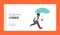 Autumn Vibes Landing Page Template. Little African Boy with Umbrella and Schoolbag Run at Rainy Weather at Stormy Day