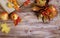 Autumn view. Book, apple and leaves