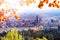 Autumn view panorama of Portland through leaves