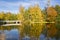 Autumn view of the river and white wooden bridge, Stromfors Iron Works, Loviisa, Finland