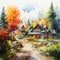 Autumn Village Home And Car Watercolor Painting