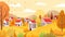 Autumn village landscape. Countryside autumnal gardens, yellow trees and sunny day vector background illustration