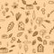 Autumn village pattern. Monochrome doodle pattern with houses, leaves, mushrooms, bumps, berries, clouds, trees. Beige