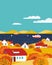 Autumn village river landscape flat color vector