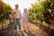 Autumn vineyards. Wine and grapes. Family tradition. Senior winemakers walking in between rows of vines