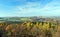 Autumn Vogtland region scenery from Julius-Mosen-Turm above Talsperre Pohl water reservoir in Germany