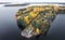 Autumn in Vyborg bay, aero view of clean nordic nature. Beautiful rocks and cliffs with woods in North Europe, Baltic sea, gulf of