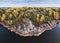 Autumn in Vyborg bay, aero view of clean nordic nature. Beautiful rocks and cliffs with woods in North Europe, Baltic sea, gulf of