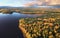 Autumn in Vyborg bay, aero view of clear nordic nature. Beautiful rocks and cliffs with woods in North Europe, Baltic sea, gulf of