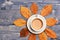 Autumn warm drink concept. Hot beverage on saucer