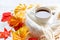 Autumn warm season. Cup of hot coffee with sweater marshmallow