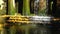 Autumn, water from a waterfall falls on yellow leaves. Sofievsky Park, Uman