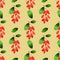 Autumn watercolor pattern with red barberries bunches and green green leaves.