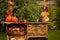 Autumn wooden stand with decoration, apples, leaves, mug, hedgehock in the park