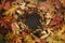 Autumn Wreath Flat Lay. Fall leaves circle with berries, nuts, a