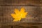 Autumn yellow leaf with smile on rustic wooden background. Autum