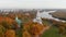 Autumn and yellow maple leaves in the park in Kolomenskoye park in autumn season aerial view, Moscow, Russia