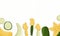 Autumn zucchini border vector cartoon illustration. Courgette with flowers horizontal banner.