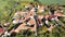 Autumnal aerial landscape of czech village Cakov with Church of Saint Leonard in autumn day