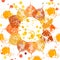 Autumnal background with leaves, pumpkins and watercolor splashes in grunge style