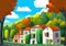 Autumnal Charm: Old Houses Amidst Orange and Green Trees and Blue Sky