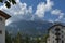 Autumnal corso Italia, the residential district in the town Cortina d`Ampezzo with mountain, Dolomite, Alps, Veneto