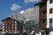 Autumnal corso Italia, the residential district in the town Cortina d`Ampezzo with mountain, Dolomite, Alps, Veneto