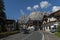 Autumnal corso Italia, the residential district in the town Cortina d`Ampezzo with mountain, Dolomite, Alps, Veneto