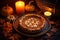 Autumnal Delight: Candle-lit Pumpkin Pie on Vintage Ceramic Dish