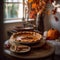 Autumnal Delight: Pumpkin Pie on Vintage Dish with Fall Leaves and Cinnamon Sticks