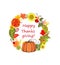 Autumnal floral decorative frame for Thanksgiving with pumpkin, sunflower and chrysanthemum