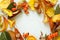 Autumnal frame. Assorted forest mushrooms. Dried mushrooms and autumn leaves. Flat lay, top view.