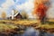 Autumnal Harmony: A Charming Farm Scene with a Riverside Barn, T