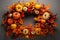 Autumnal harvest wreath with pumpkins gourds and