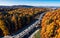 Autumnal Highway Views Aerial Serenity over Woods and Overpasses