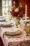 Autumnal holiday tablescape, formal dinner table setting, classic festive table scape with decoration for wedding party and event