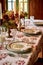 Autumnal holiday tablescape, formal dinner table setting, classic festive table scape with decoration for wedding party and event